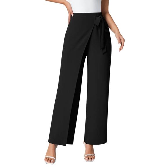 Halara Pants Womens Large Black Wide Leg Waist Tie Palazzo Preppy Office NEW - Picture 1 of 11